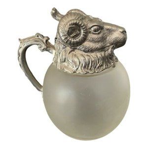 Vintage Silver Plate Rams Head Frosted Glass Pitcher Wine Decanter Claret Jug